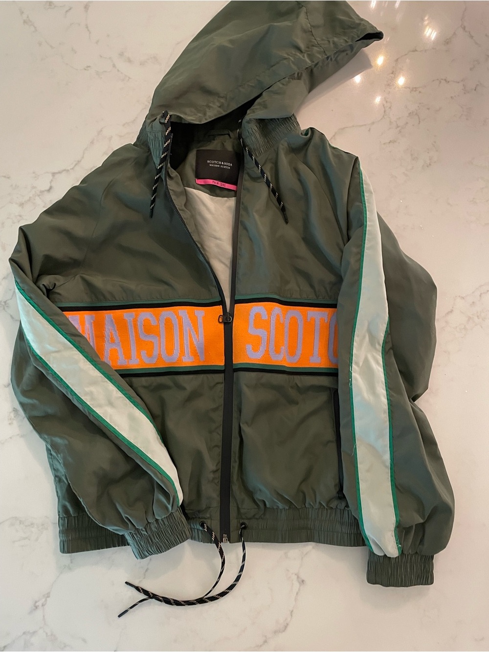 Scotch & Soda Olive Green Hooded Windbreaker with Orange Logo Stripe